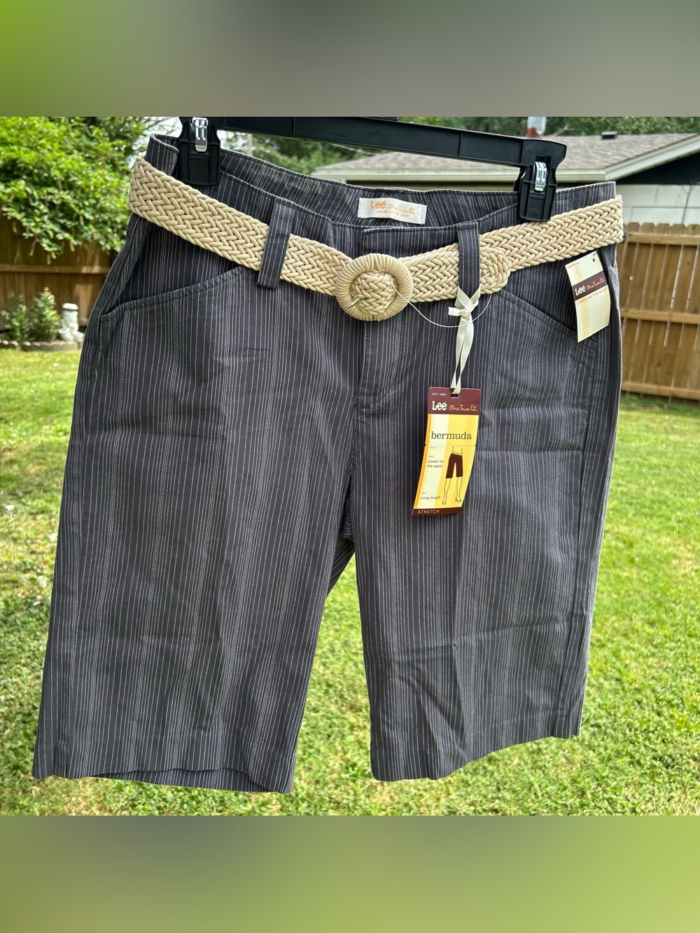 NWT Lee Women's Charcoal Pinstripe Bermuda Shorts with Woven Tan Belt
